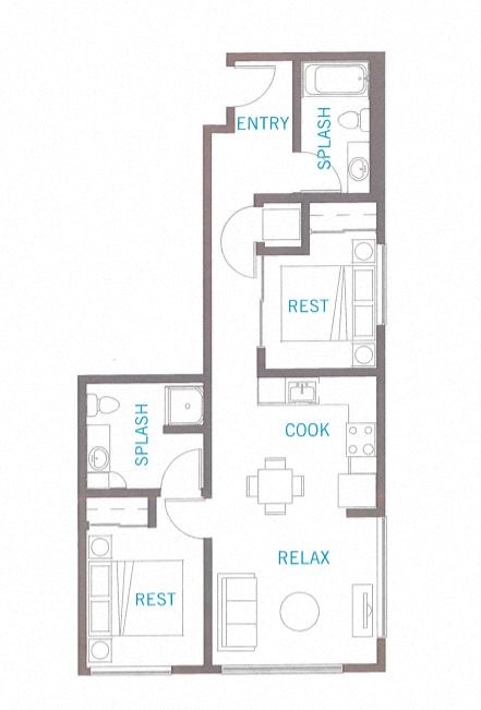 Floor plan for 2 beds, 2 baths, 814 sqft